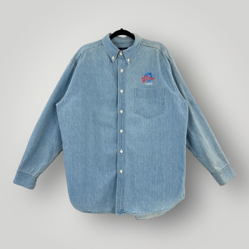 Vintage 90s Planet Hollywood Orlando Blue Denim Shirt Mens L Made in USA - Picture 1 of 6